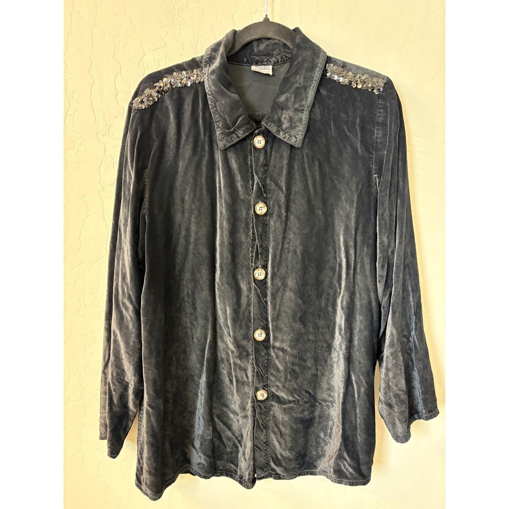 CP Shades‎ Velvet Button Down Top Sequin Butterfly Embellished Long Sleeve S